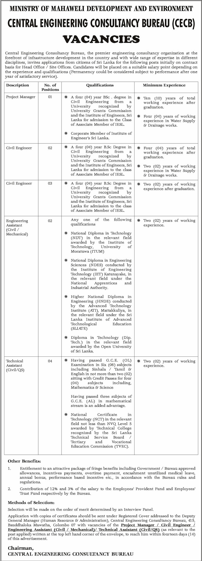 Project Manager, Civil Engineer, Engineering Assistant (Civil / Mechanical), Technical Assistant (Civil / Mechanical) - Central Engineering Consultancy Bureau